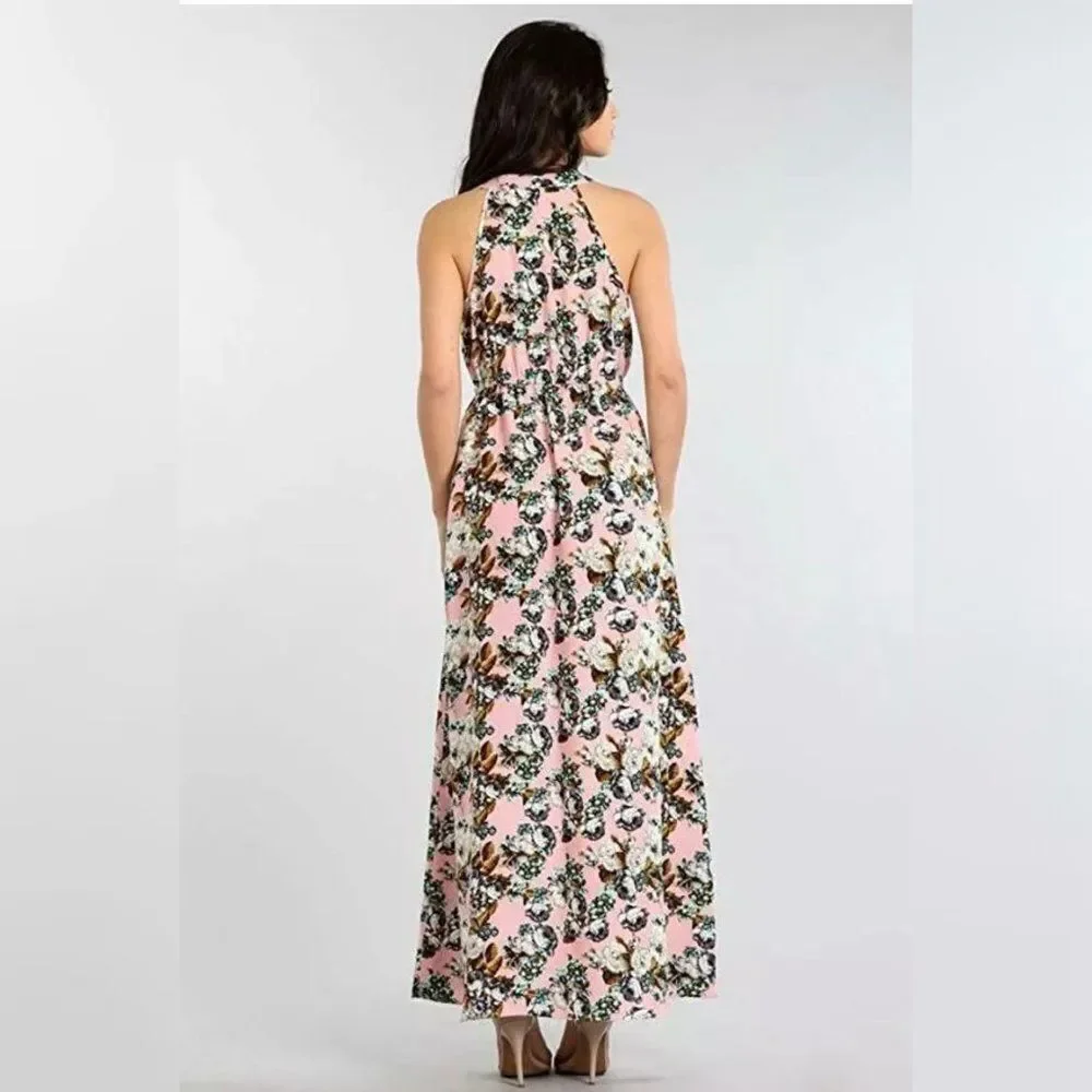 Floral Pink Asymmetric Hi-Lo Relaxed V-Neck Maxi
